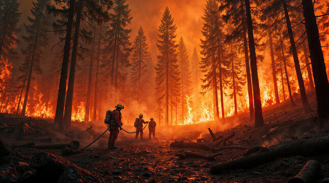 Eine Gruppe von mutigen Feuerwehrleuten im Kampf gegen gewaltige Waldbr&auml;nde in ausgel&ouml;st in ein einer trockenen Phase des Sommers