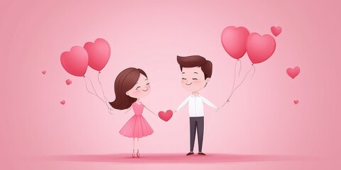 A charming cartoon couple strolls together, hands intertwined, as they joyfully lift heart-shaped balloons into the sky, celebrating love and connection.