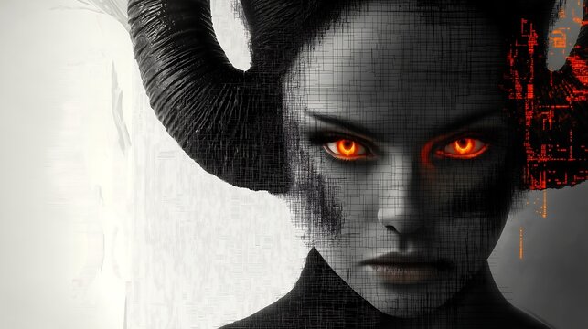 A woman with demonic red eyes, large curled horns, with her face deconstructed into black and white lines, in the style of digital glitch art