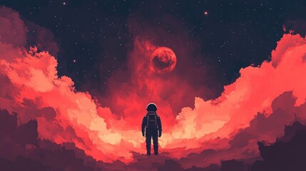 Fototapeta premium Astronaut Contemplates a Crimson Nebula and Distant Planet