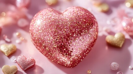 Obraz premium A shimmering pink heart adorned with sparkling gold glitters, radiating love and joy, perfect for celebrating Valentine's Day.