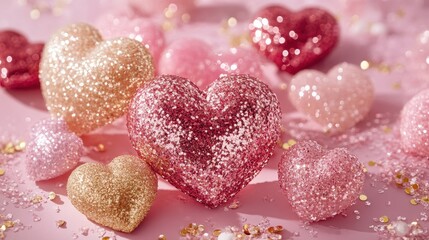 Fototapeta premium A delightful array of vibrant hearts scattered across a soft pink surface, capturing the essence of love and romance for Valentine's Day.
