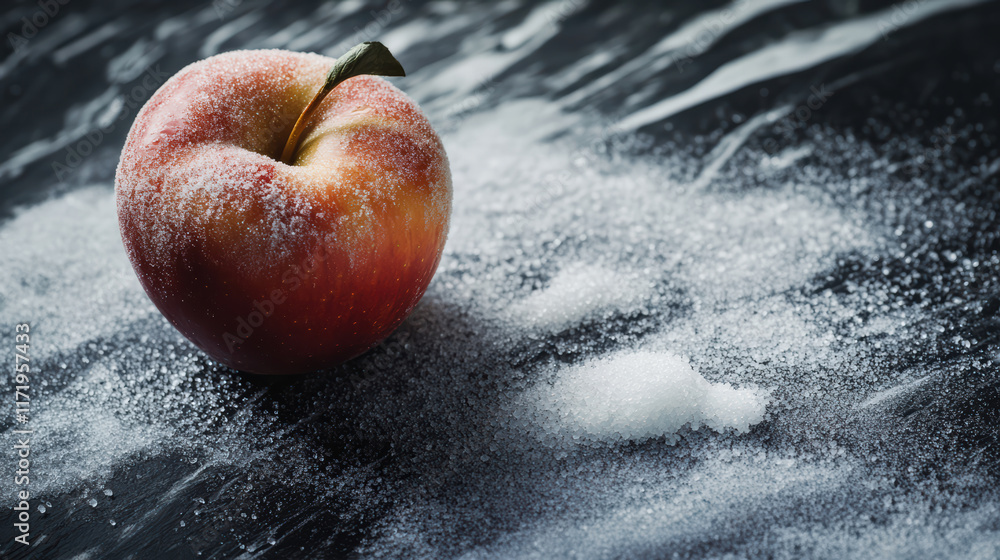 Poster close up of red apple lightly dusted with sugar on dark surface, creating sweet and inviting atmosph