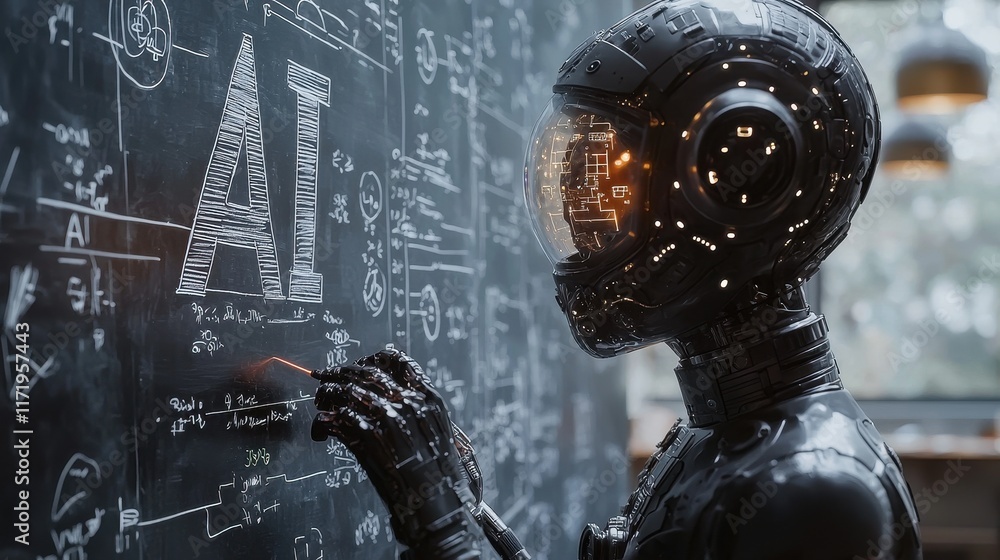 Poster ai robot engaged in creative learning tech lab digital art modern environment side view innovative c