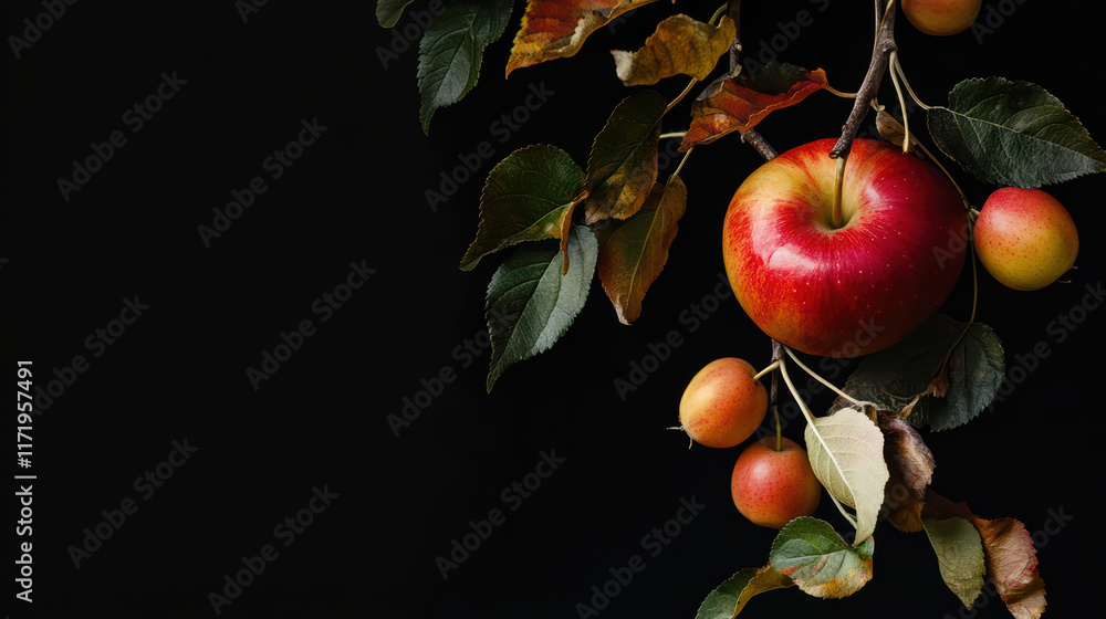 Poster close up of vibrant red apple surrounded by colorful leaves and smaller apples, creating playful and