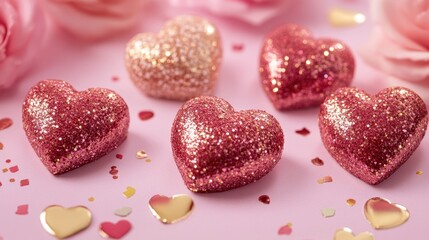 Four vibrant hearts rest on a beautifully set table, radiating love and warmth, perfect for a romantic Valentine's Day celebration.