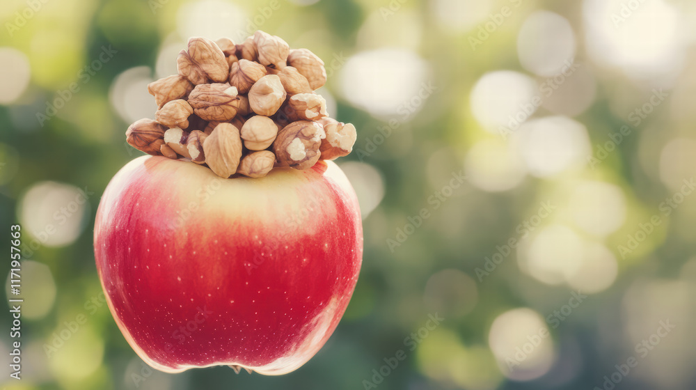 Poster vibrant red apple topped with playful arrangement of nuts, creating whimsical and eye catching displ