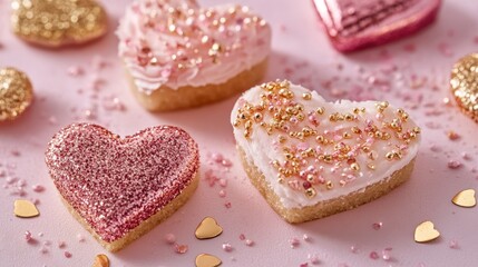 Delight in a sea of heart-shaped cookies adorned with shimmering gold sprinkles, resting on a soft pink surface, perfect for celebrating love on Valentine's Day.
