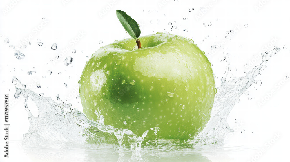 Poster close up of green apple creating playful splash of water, showcasing freshness and vitality. vibrant