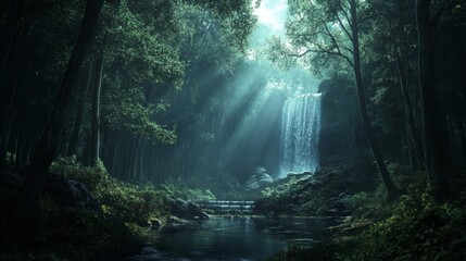 Fototapeta premium Mystical Waterfall in Emerald Forest - Fantasy Scene