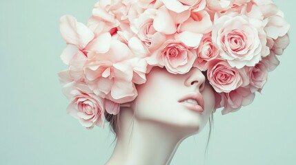 Woman's Face Hidden by Pink Roses, Peaceful Portrait
