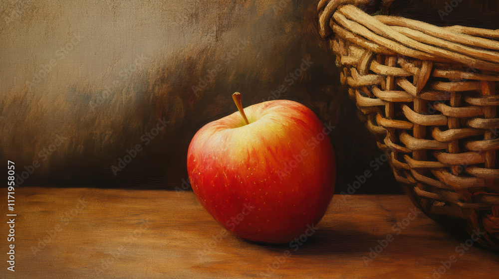 Aufkleber close up of red apple resting on wooden surface, with rustic basket in background, creating warm and
