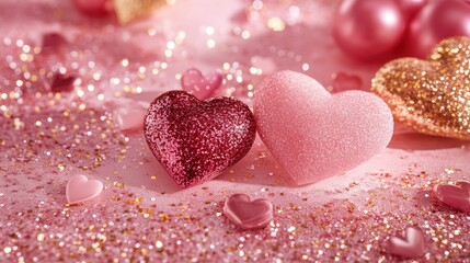 Obraz premium Two shimmering hearts float on a soft pink canvas, adorned with sparkling gold glitter, embodying the essence of love and romance this Valentine's Day.