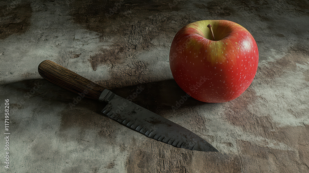 Poster close up of red apple next to rustic knife on textured surface, creating warm and inviting atmospher