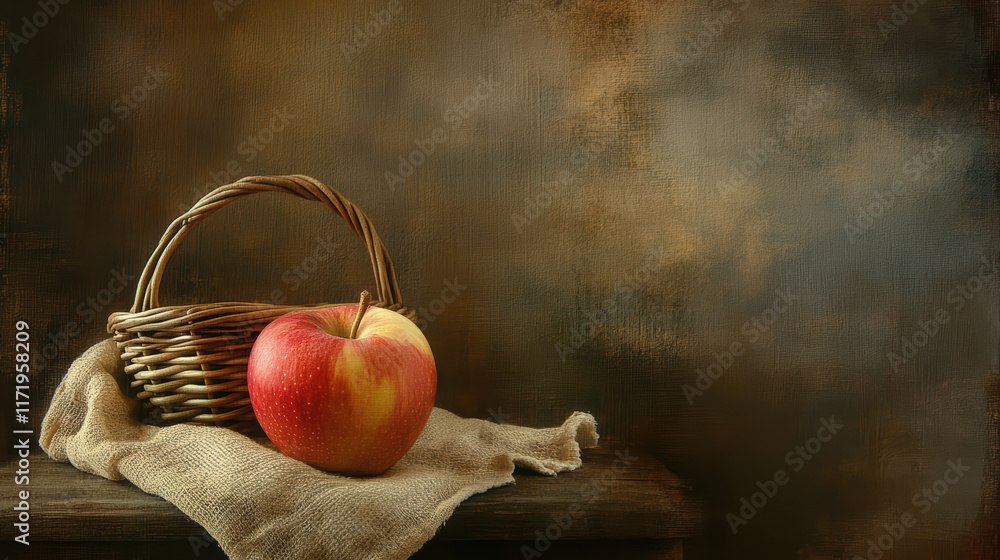 Poster close up of red apple resting on rustic cloth beside woven basket, creating warm and inviting atmosp