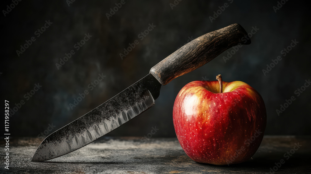 Aufkleber close up of red apple with rustic knife beside it, creating dramatic and inviting scene. textures an