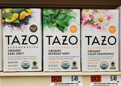 Wilmington, Delaware, U.S.A - Dec 22, 2024 - Three varieties of Tazo Regenerative tea in Organic Earl Grey, Organic Refresh Mint and Organic Calm Chamomile