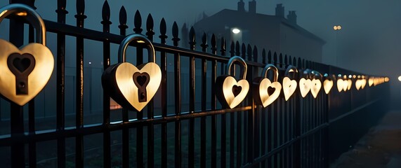 Beautiful variations of love locks attached to a fence in an urban setting
