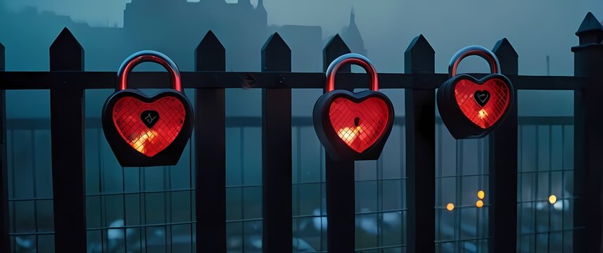 Beautiful variations of love locks attached to a fence in an urban setting