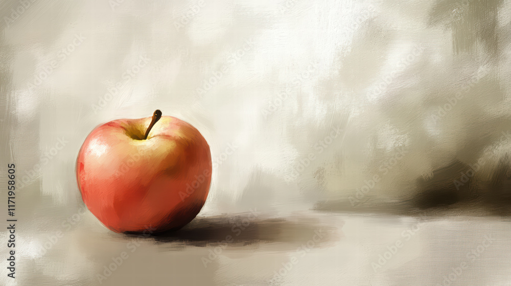 Poster close up of red apple with soft blurred background, showcasing its vibrant color and smooth texture,