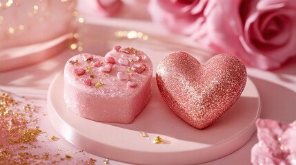 Two delightful heart-shaped cakes rest on a plate, surrounded by delicate pink flowers, capturing the essence of love and celebration on Valentine's Day.