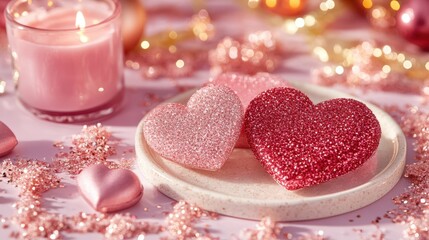 Naklejka premium Two vibrant hearts rest on a delicate plate, surrounded by flickering candlelight and soft pink decor, embodying love's warmth this Valentine's Day.