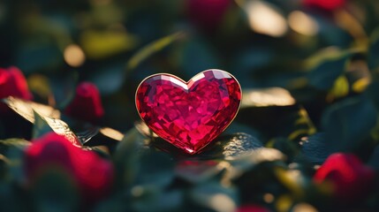 A radiant red heart-shaped diamond glistens atop a vibrant green leaf, symbolizing love's beauty and nature's embrace on Valentine's Day.