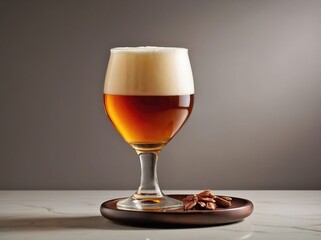 A tulip-shaped glass filled with amber ale, topped with a smooth, creamy foam head, placed on a smooth white marble surface.