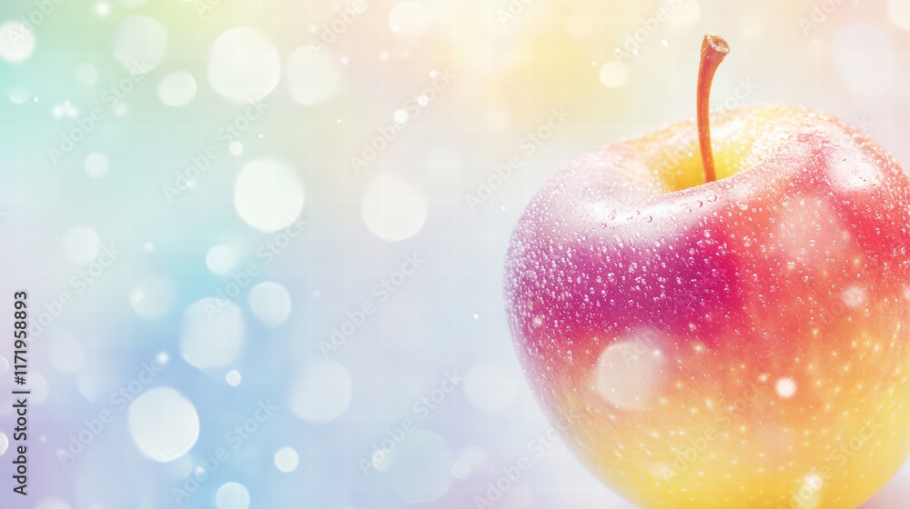 Poster close up of fresh apple with droplets on its surface, set against soft pastel background filled with