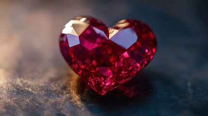 A dazzling heart-shaped ruby glistens on a table, capturing the essence of love and passion, perfect for a romantic Valentine's Day celebration.