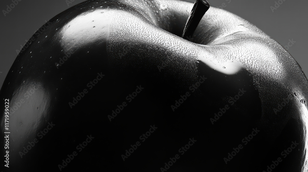 Poster close up of shiny black apple with soft shadows highlighting its surface, creating dramatic and eleg
