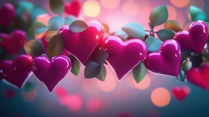 A whimsical tree adorned with vibrant hearts sways gently, celebrating love's embrace under a canopy of lush green leaves.