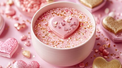 A delightful bowl brimming with pink and gold desserts adorned with sweet hearts, perfect for celebrating love on Valentine's Day.