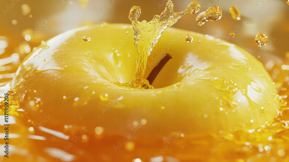 Aufkleber close up of yellow apple splashing into juice, creating dynamic and refreshing scene. vibrant colors