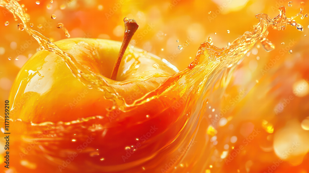 Poster close up of vibrant yellow apple splashing in orange juice, creating dynamic and refreshing scene. d