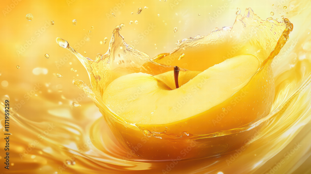 Poster close up of yellow apple splashing in juice, creating dynamic and refreshing scene. vibrant colors a