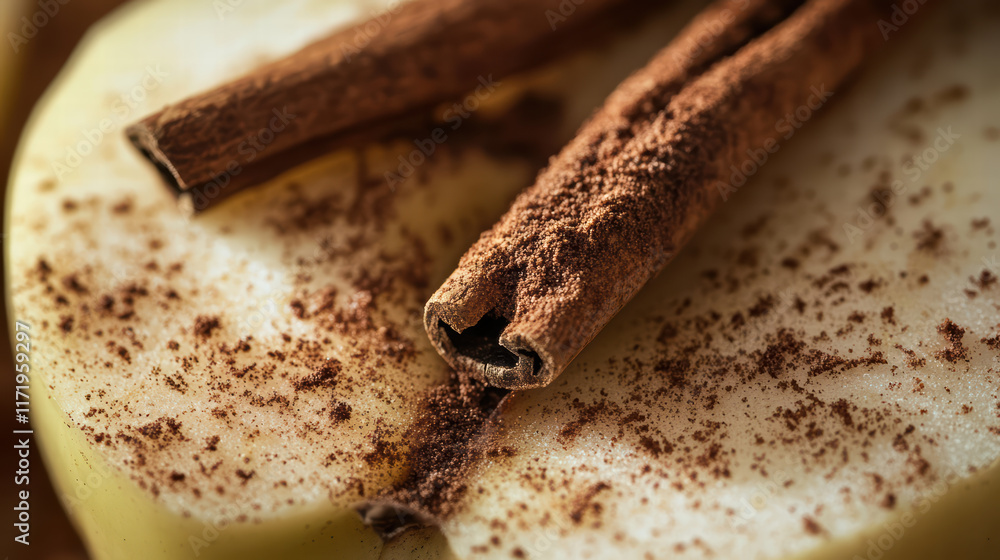 Poster close up of apple with cinnamon sticks and sprinkle of ground cinnamon, creating warm and inviting a
