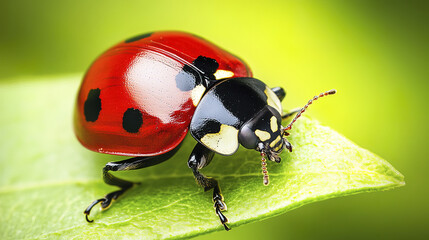 Fototapeta premium red ladybug perched on vibrant green leaf, showcasing nature beauty