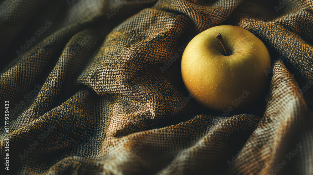 Poster close up of green apple resting on textured fabric, creating cozy and inviting atmosphere. interplay