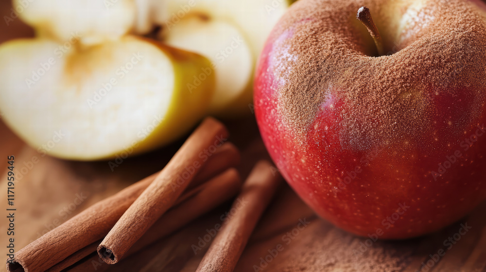 Poster close up of red apple sprinkled with cinnamon, surrounded by apple slices and cinnamon sticks, creat