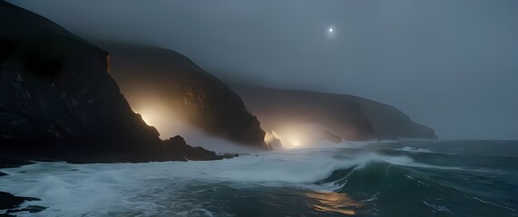 Naklejka premium Breathtaking coastlines enveloped by waves crashing amidst peaceful shores