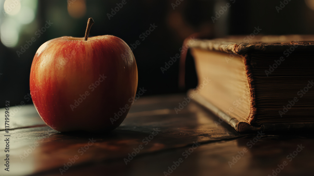 Poster close up of red apple resting on wooden table beside vintage book, creating warm and inviting atmosp