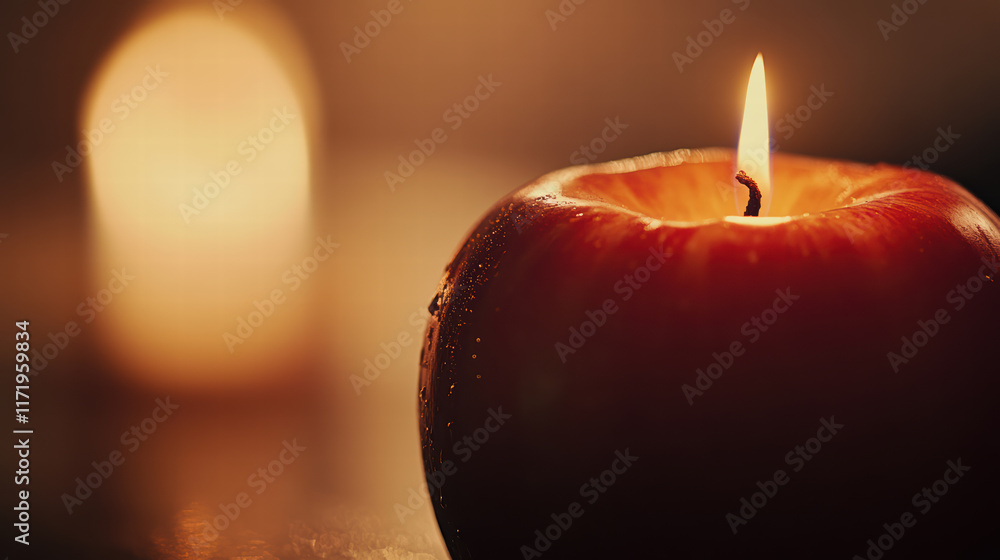 Poster close up of red apple illuminated by warm candle glow, creating cozy atmosphere. soft light enhances