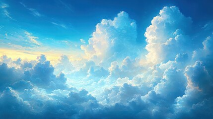 Blue Sky with Fluffy Clouds Soft Sunlight Impressionist Landscape
