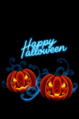 AI generative. 3d text effect neon glow blue of happy halloween on dark background. Set 5