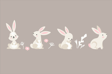 Set of cute Easter characters and elements. Easter bunny, chicks, eggs and flowers. Vector illustration.