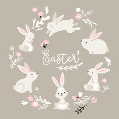 Set of cute Easter characters and elements. Easter bunny, chicks, eggs and flowers. Vector illustration.