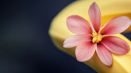 close up of delicate pink flower resting on yellow banana, showcasing vibrant colors and intricate details. This captures beauty of nature in unique composition