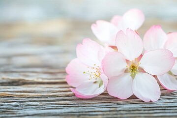 A close up shot of delicate cherry blossom petals resting gently on a wooden surface, showcasing their soft pink and white hues and intricate textures.