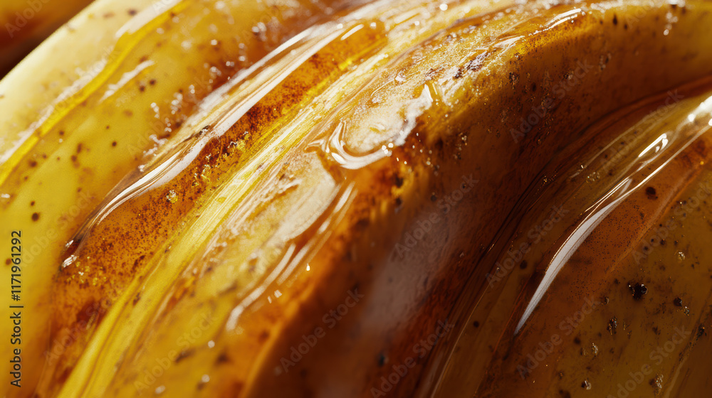Poster close up of banana slices drizzled with honey, showcasing glossy texture and rich colors. combinatio